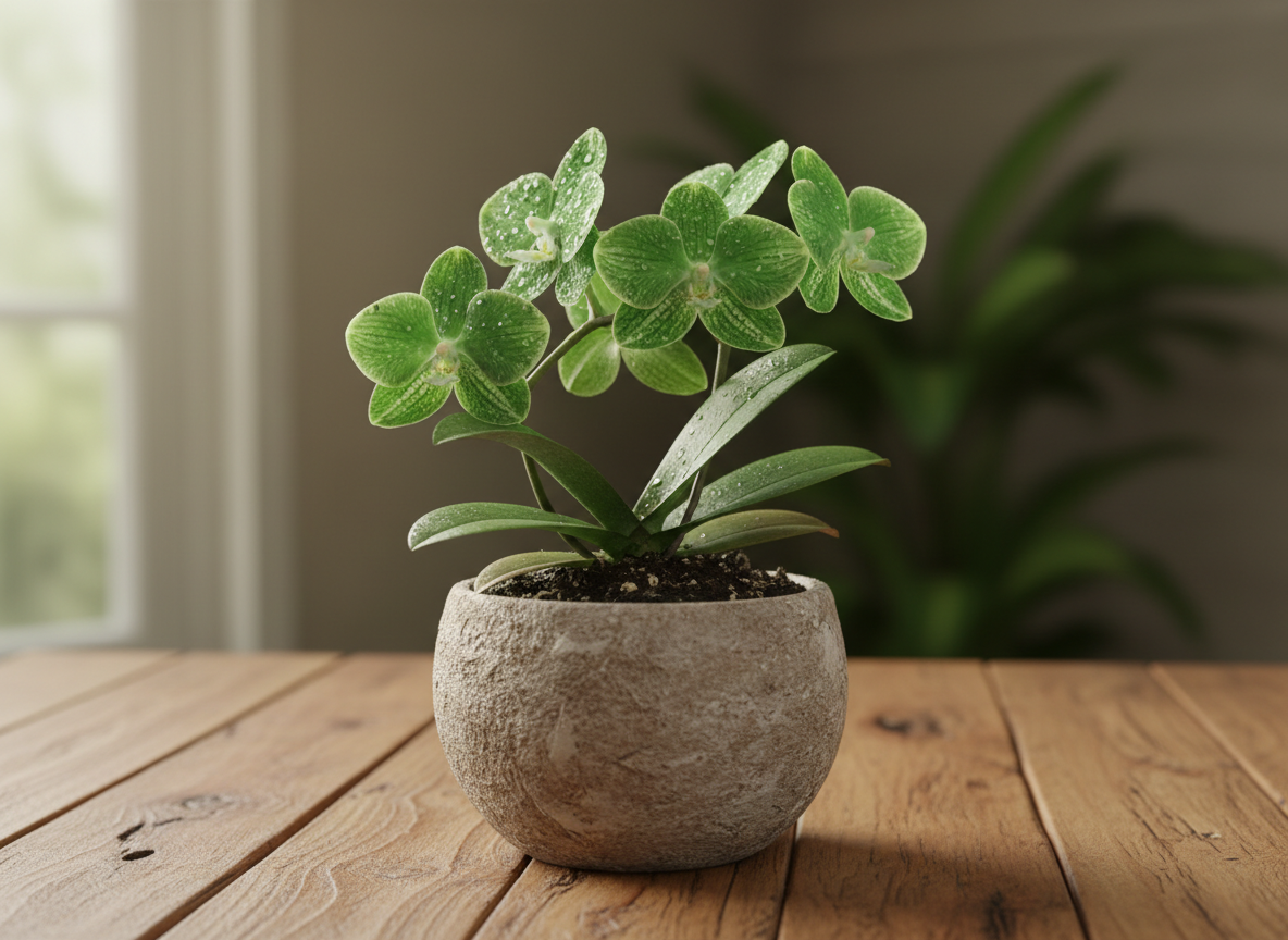 A lush emerald-green orchid emerging from a bed of rich, dark soil, its petals veined with intricate white patterns and tiny dew droplets sparkling on the surface. The plant is placed in a simple matte clay pot made from recycled materials, sitting on a smooth wooden table crafted from reclaimed timber. Soft, diffused morning light pours in from an unseen window, casting gentle shadows and subtle highlights along the leaves. Photographed at eye level with a shallow depth of field, the background melts into a soft bokeh of greenery and muted earth tones. The mood is calm, professional, and hopeful, evoking environmental care and renewal with clean, photographic realism.