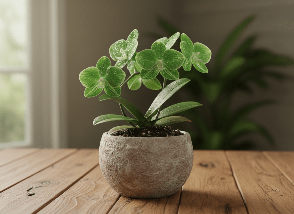 A lush emerald-green orchid emerging from a bed of rich, dark soil, its petals veined with intricate white patterns and tiny dew droplets sparkling on the surface. The plant is placed in a simple matte clay pot made from recycled materials, sitting on a smooth wooden table crafted from reclaimed timber. Soft, diffused morning light pours in from an unseen window, casting gentle shadows and subtle highlights along the leaves. Photographed at eye level with a shallow depth of field, the background melts into a soft bokeh of greenery and muted earth tones. The mood is calm, professional, and hopeful, evoking environmental care and renewal with clean, photographic realism.