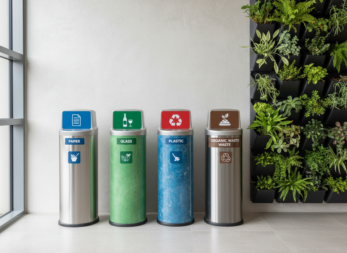 A meticulously organized recycling station featuring clearly labeled bins made from brushed metal and recycled plastic, each displaying bold, color-coded symbols for paper, glass, plastic, and organic waste. The station stands against a clean, light-gray wall with a subtle texture, next to a vertical garden of vibrant green foliage climbing modular panels. Natural daylight from a large side window washes the scene in soft, even illumination, minimizing harsh shadows. Captured from a slightly elevated angle with sharp focus throughout, the composition emphasizes clarity and order. The atmosphere is professional and educational, reflecting a modern environmental community center, with photographic realism and a clean, contemporary aesthetic.
