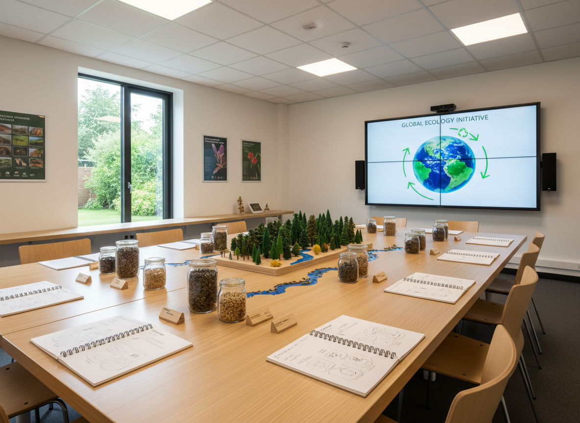A spacious, modern classroom dedicated to environmental education, centered around a large rectangular table made of light-colored sustainable wood. On the table lie neatly arranged notebooks with recycled paper, glass jars filled with seeds, and small wooden models of forests and rivers. At the far end, a large wall-mounted screen displays a crisp infographic of the Earth with green and blue gradients. Soft overhead LED lighting combines with gentle daylight from a side window, creating balanced, shadow-free illumination. Shot from a wide, eye-level perspective with sharp detail, the room feels inviting yet professional, conveying a sense of organized learning and environmental stewardship in a clean, photographic style.