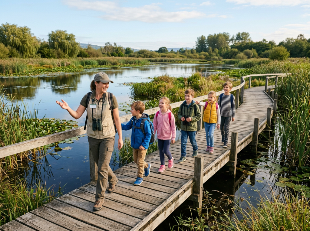 Nature guide walking with children on a wooden boardwalk over wetlands