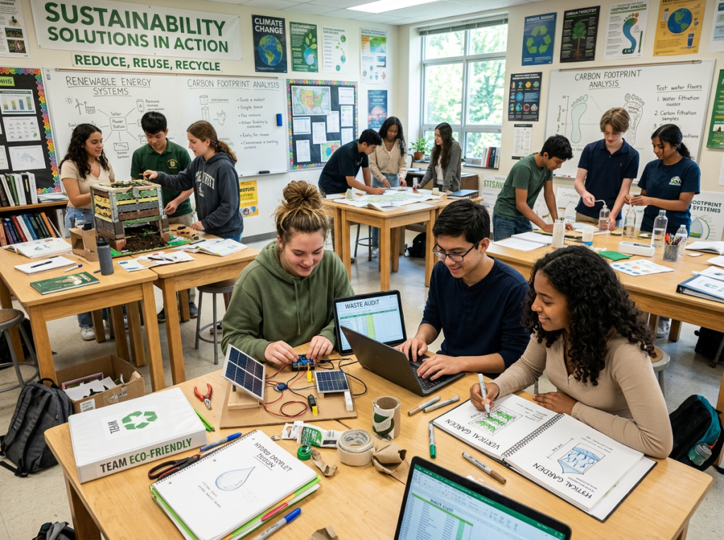 High school students working together on sustainability and eco-friendly science projects