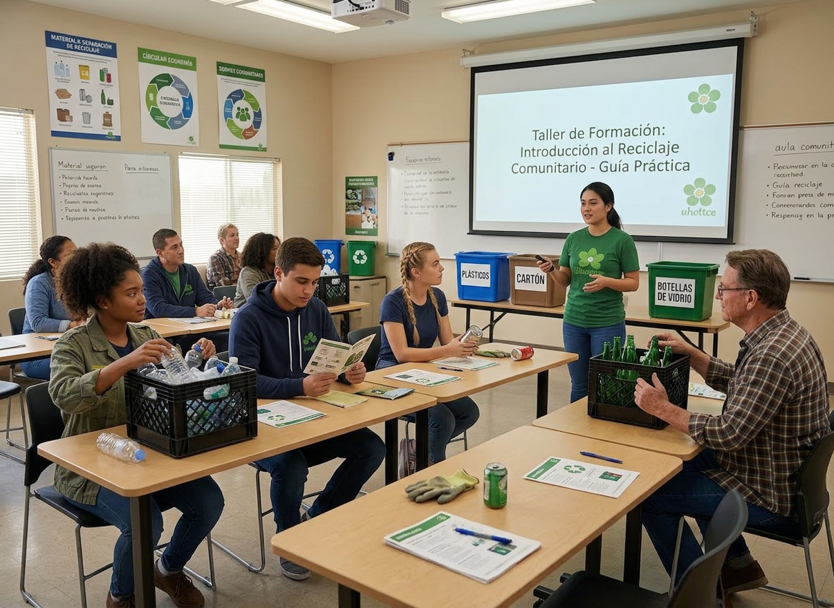 Instructor teaching community recycling workshop with participants sorting recyclables